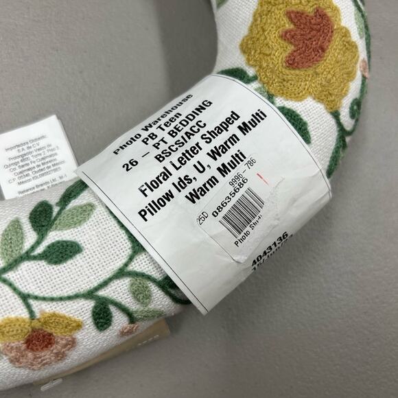 Pottery Barn Teen Floral Letter Shape Pillow 'U' Decor Statement Embroidered NEW - Picture 2 of 6